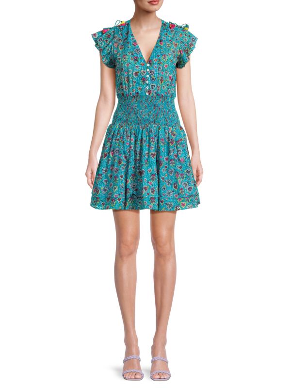 Poupette St Barth Rachel Print Smocked Trim Mini Dress